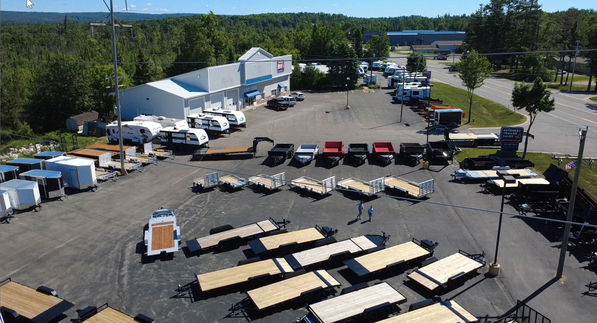 Aerial view of the Petoskey Trailer Sales lot stocked with trailers